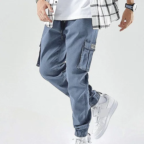 Vista 2 de XYXIONGMAO Streetwear Hip Hop Cargo Joggers Pantalones para hombre, overoles de mezclilla, arnés deportivo, pies, pantalones casuales Harlan