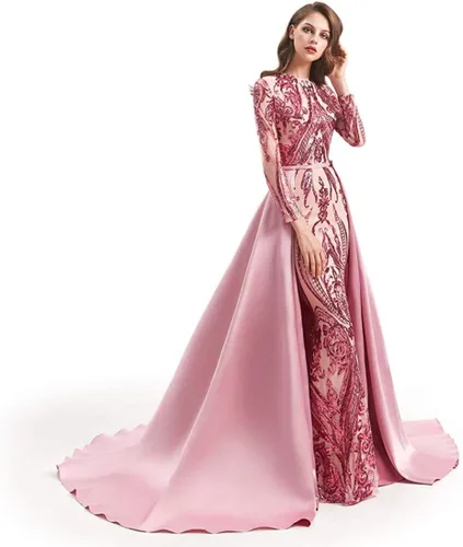 Vista 2 de Vestido de noche de sirena con lentejuelas para fiesta de graduación, vestido de baile formal, desmontable, manga larga