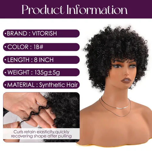 Vista 3 de Vitorish Peluca corta afro rizada con flequillo para mujeres negras, peluca sintética resistente al calor, color negro natural, para uso diario