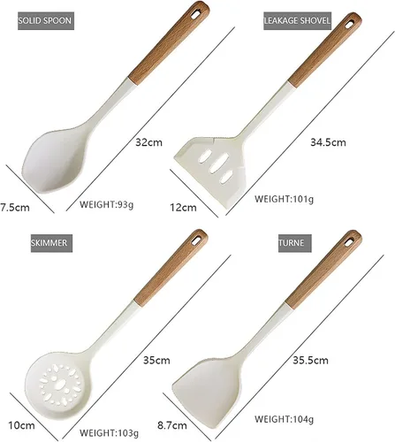 Vista 7 de Juego de utensilios de cocina de mango de madera blanca de 13 piezas, utensilios de cocina antiadherentes de silicona disponibles, mango 13