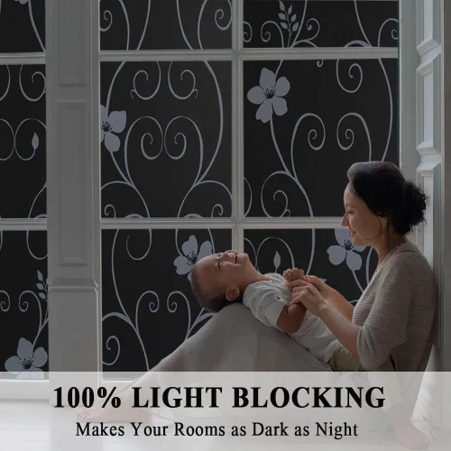 Vista 2 de Película opaca total para ventana, película de vidrio con bloqueo de luz, oscurecimiento de habitación, sin pegamento, control de calor, anti UV