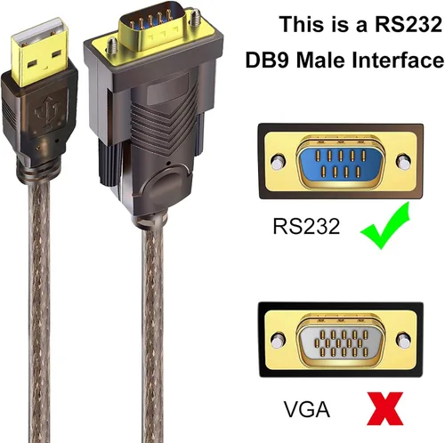 Vista 2 de Adaptador USB a RS232 con chipset FTDI: 6 pies USB 2.0 macho a RS232 hembra DB9 cable convertidor serie para caja registradora, módem, escáner