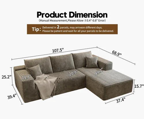 Vista 2 de Sofá seccional Cloud de 107.5" con chaise en forma de L, sofá modular moderno con asiento profundo, sofás tapizados para sala de estar, dormitorio