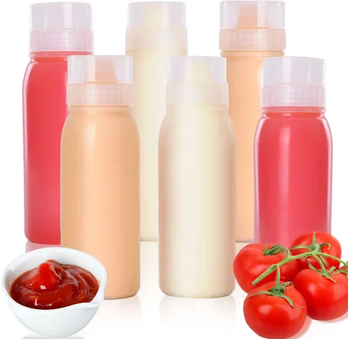 Vista 9 de Botellas exprimibles porosas de condimentos, recipiente pequeño para aderezo para ensaladas y salsa, botella multiboquilla, 6 piezas, 6 onzas, 5