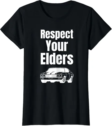 Vista 30 de Divertido regalo de auto para chicos – Respect Your Elders Classic Muscle Car Camiseta, Negro, S