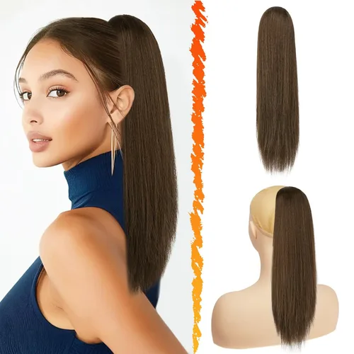 Vista 28 de Barsdar Extensión de cola de caballo marrón oscuro - Extensiones de cola de caballo cortas y rectas de 14 pulgadas con cordón para mujeres