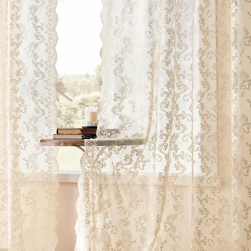 Vista 4 de Cortinas de encaje floral victoriano transparentes - 45 pulgadas de largo, 2 paneles, bolsillo para barra de cocina estilo cafetería, filtro de luz