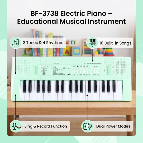 Vista 7 de Piano eléctrico de 37 teclas Teclado para principiantes con micrófono Carga USB de doble potencia o baterías verde