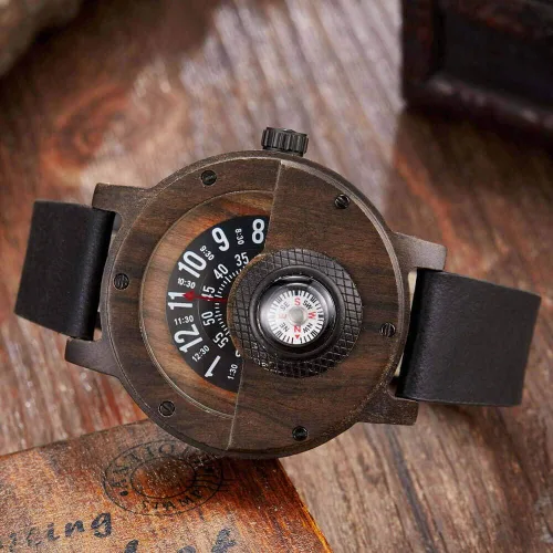 Vista 2 de GORBEN Reloj con brújula y tocadiscos de madera para hombre, elegante reloj de pulsera de madera para hombre, reloj de cuarzo ligero hecho a mano