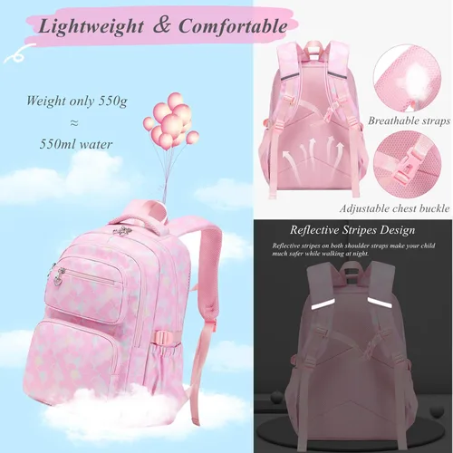 Vista 5 de Juego de 3 mochilas para niñas con bolsa de almuerzo a juego, mochila escolar para niñas