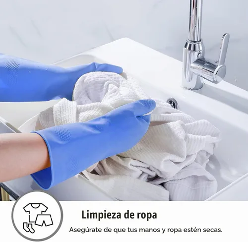 Vista 5 de Guantes de limpieza de goma, 3 o 6 pares para el hogar, guantes reutilizables para lavar platos para la cocina. Azul