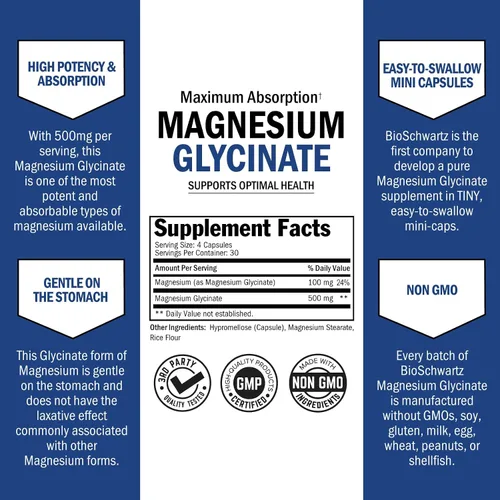 Vista 3 de BioSchwartz Cápsulas de glicinato de magnesio de 500 mg (120 mini cápsulas) Suplemento de magnesio de máxima absorción para nervios saludables