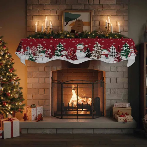 Vista 4 de Bufanda de chimenea de muñeco de nieve de Navidad, diseño de árboles de Navidad rojos, copos de nieve de invierno, bufandas para chimenea, estante