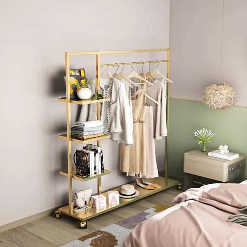Vista 4 de Percheros dorados con estante, para boutiques minoristas, estantes de ropa dorados, múltiples usos, resistente para colgar barras para el hogar