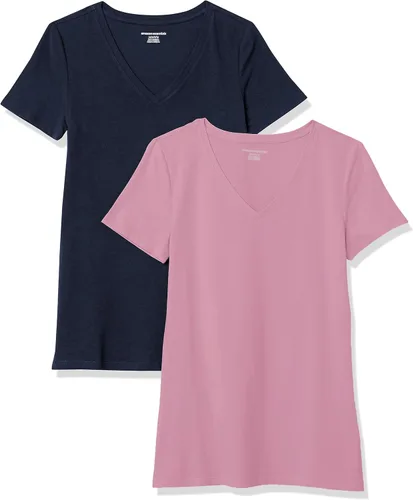 Vista 10 de Amazon Essentials Women's Regular-Fit Short-Sleeve V-Neck T-Shirt, Pack of 2 Borgoña/azul marino.