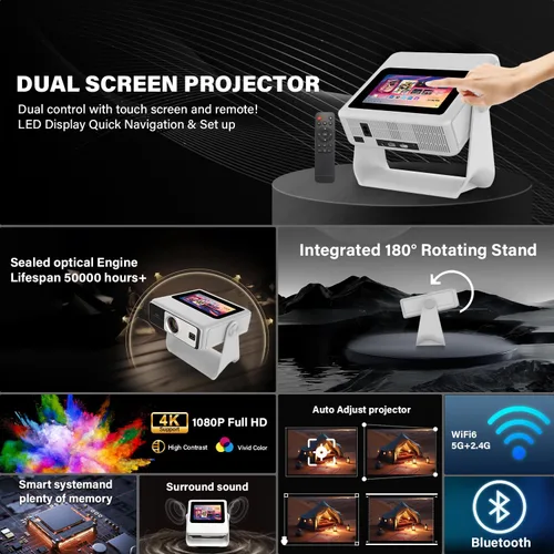 Vista 2 de Smart Projector【TouchScreen/Built-in APPs/Auto Focus Keystone】 4K Support with wifi and bluetooth Outdoor Projector, Dual-Screen Sync, for Home