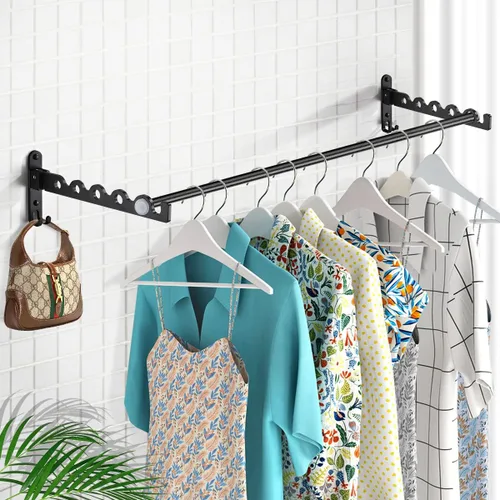 Vista 7 de Tendedero de secado de ropa montado en la pared para organización y almacenamiento de ropa de lavandería, estante de aluminio para secadora con dos