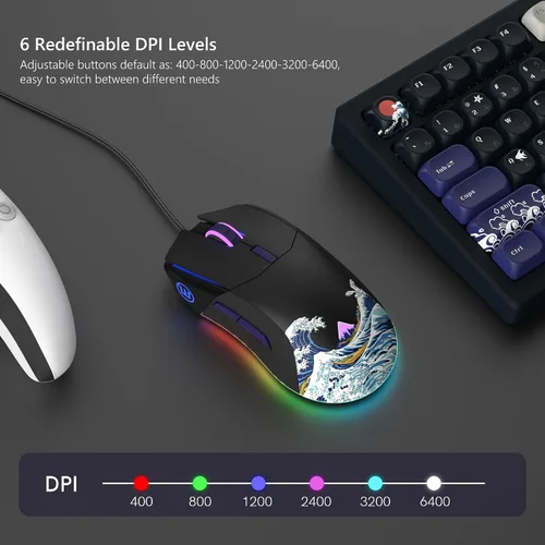 Vista 4 de Womier Ratón para juegos con cable, mouse de anime RGB negro con computadora ergonómica 12000DPI/6 botones programables botones programables