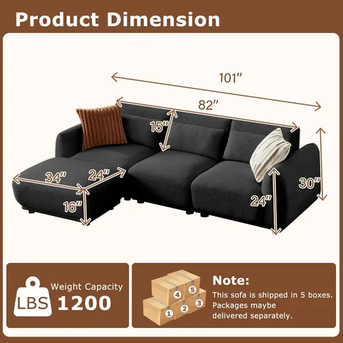 Vista 2 de Sofá seccional modular en forma de L con otomana extraíble, sofá convertible tipo nube para sala de estar, sofá pequeño cómodo para espacios Negro