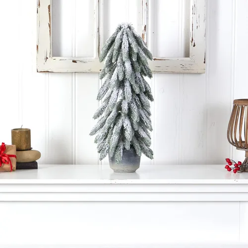 Vista 3 de Nearly Natural Árbol de Navidad artificial flocado de 21 pulgadas en maceta decorativa