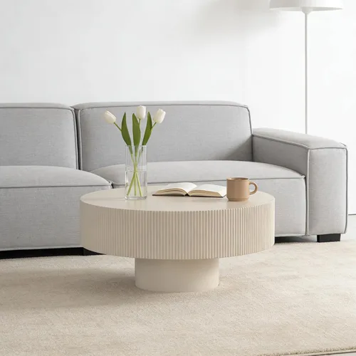 Vista 7 de Mesa de centro redonda acanalada de tambor, moderna mesa de centro circular de madera, mesa de té de relieve hecha a mano con pedestal resistente