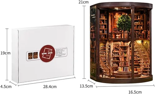 Vista 2 de Juego de anillos de sabiduría para adultos, kit de rincón de libros de madera 3D con luces LED, decoración de biblioteca de rompecabezas