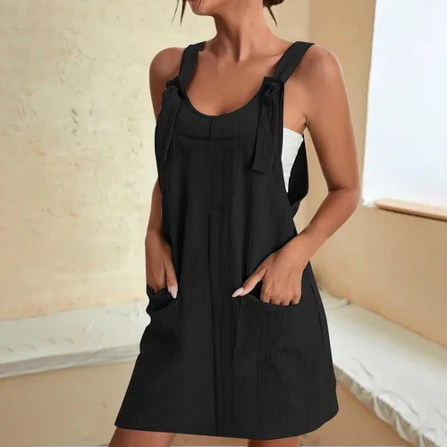 Vista 3 de Soild Color Pinafore - Delantal de cuello cuadrado, vestido de trabajo de jardín para mujer, vestido midi con tirantes para ocultar el vientre