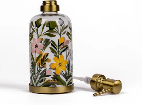 Vista 6 de Dispensador de jabón y loción de vidrio floral pintado a mano con bomba para baño y fregadero de cocina, vintage, hecho a mano en la India 4x8.25