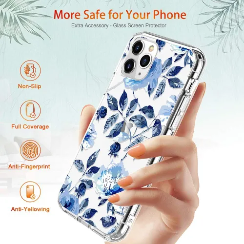 Vista 6 de Funda para iPhone 11 Pro Max con protector de pantalla, funda protectora transparente floral para niñas y mujeres, a prueba de golpes, funda rígida