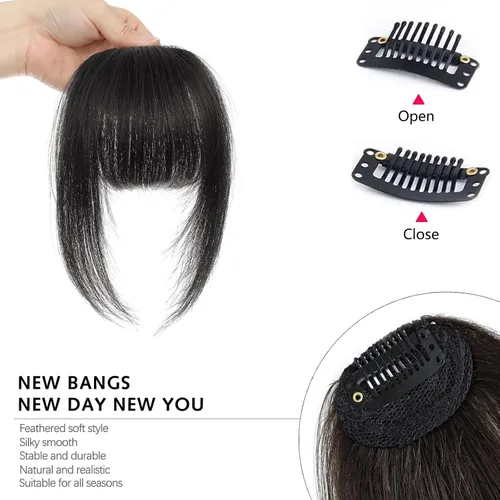 Vista 3 de YBYMCAI Flequillo con Clip - Cabello Humano Real Marrón Negro Flequillo con Clip Extensiones de Cabello Flequillo Falso Cabello Humano Flequillo