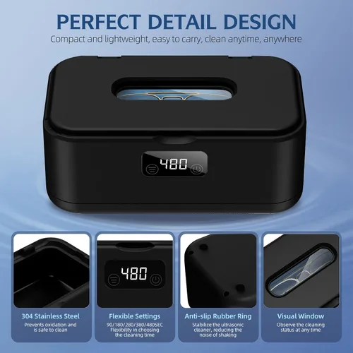 Vista 6 de Limpiador ultrasónico de joyas, limpiador de joyas de 50 Khz, máquina ultrasónica para joyas, anteojos, anillos, correa de reloj, dentaduras, tanque