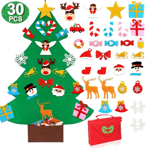Vista 9 de OurWarm Árbol de Navidad de fieltro para niños, decoraciones de Navidad de 3 pies para niños pequeños con 30 adornos de purpurina, árbol de Navidad