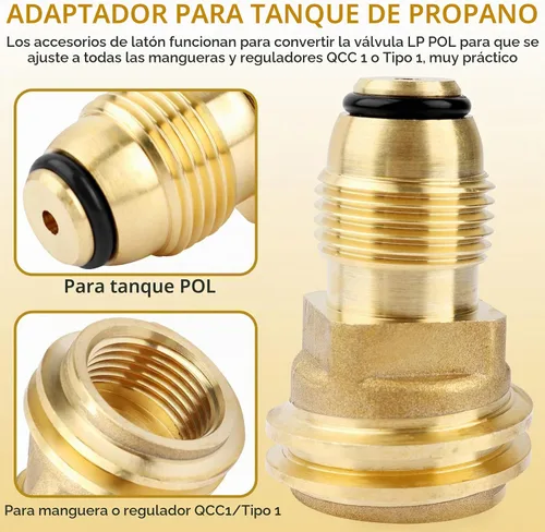 Vista 3 de Adaptador de propano POL a QCC1, adaptador de tanque de propano de latón que convierte la válvula de servicio de tanque POL LP a manguera