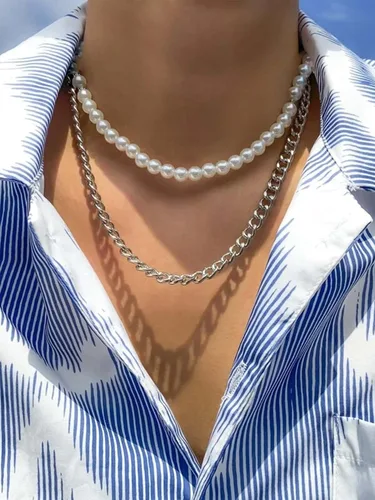 Vista 2 de Collar de perlas para hombre, collar de perlas en capas para niñas, collar redondo de perlas blancas en capas, collar de perlas para mujeres