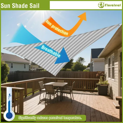 Vista 5 de Toldo triangular derecho a rayas grises y blancas, 2 x 2 x 3 pies, tela permeable al aire, toldo resistente para patio, jardín, al aire libre