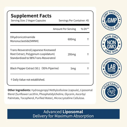 Vista 2 de Suplemento NMNH NAD+, liposomal 600 mg NMN NAD+ y complejo de resveratrol para energía celular, envejecimiento saludable y apoyo metabólico, 90