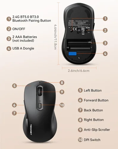 Vista 8 de TECKNET Ratón Bluetooth [USB + BT1 + BT2] Ratón inalámbrico para laptop, clic silencioso, diseño ergonómico, 4800 DPI Ratones de computadora