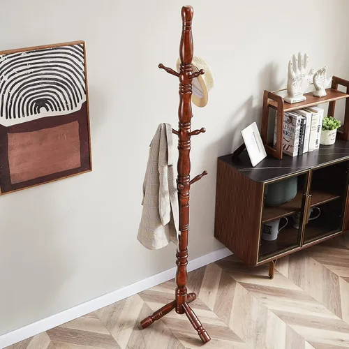 Vista 9 de Perchero de madera natural con 3 opciones de altura y 9 ganchos, fácil de montar, árbol de pasillo independiente para el hogar, oficina, entrada