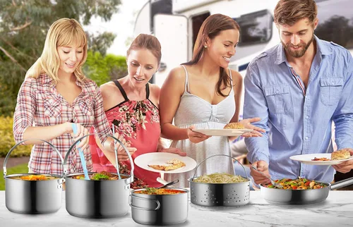 Vista 7 de Juego de utensilios de cocina de acero inoxidable 304 de 8 piezas para ollas y sartenes, kit de cocina de fuego abierto Sartén vaporera con bolsa