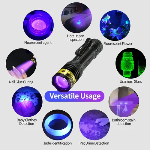 Vista 6 de DARKDAWN Linterna UV 395nm Luz Negra Mini USB Recargable Ultraviolet LED Blacklight Woods Lamp Powerful Fluorescent Portable Detector for Pet