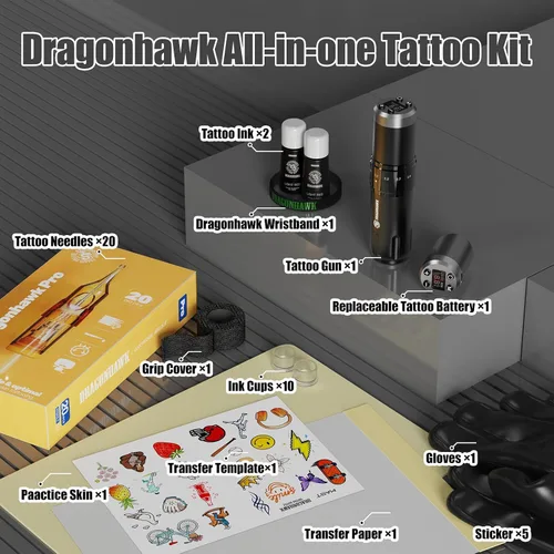 Vista 2 de Dragonhawk Kit de pistola de tatuaje inalámbrico 7 golpes ajustables 0.1