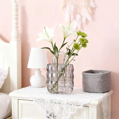 Vista 4 de Elegante jarrón de cristal para arreglos florales, diseño de bolso de boca ancha que mejora las bodas de granja, centros de mesa del hogar, Azul