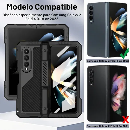 Vista 2 de Funda de metal para Samsung Galaxy Z Fold 4 con soporte para bolígrafo S, funda militar resistente Z Fold4 con protector de pantalla integrado Negro