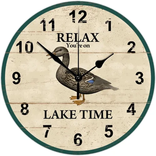 Vista 9 de Reloj de pared de madera de 10 pulgadas Relax You're on Lake Time con pato, funciona con pilas y manecillas de metal, reloj de pared
