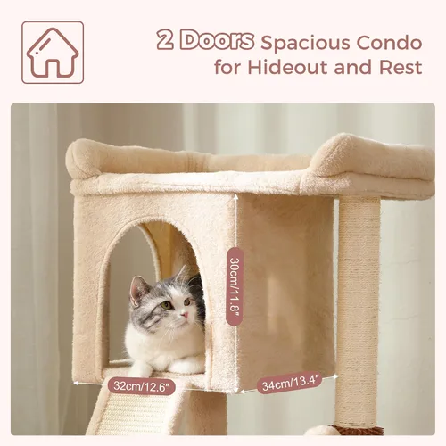 Vista 4 de Torre de árbol pequeño para gatos grandes con cama superior espaciosa de 20 x 13.8 pulgadas, condominio privado para gatos, poste rascador de sisal