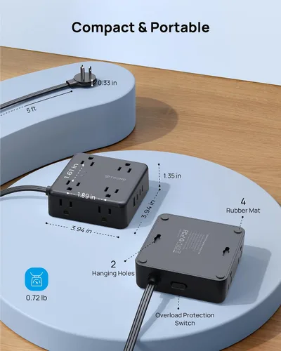Vista 8 de TROND Regleta protectora de sobretensiones, cable de extensión de enchufe plano de 5 pies con 8 tomas de corriente y 4 puertos USB (3 USB C), 1625