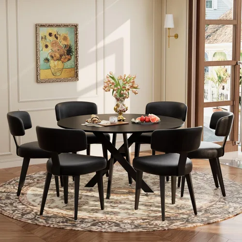 Vista 22 de Juego de mesa de comedor de madera para 2, mesa de cocina redonda de 36 pulgadas con 2 sillas de comedor Boucle, mesa de MDF con patas de metal