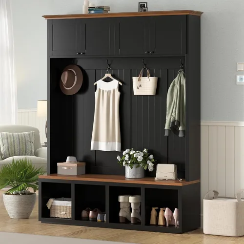 Vista 20 de JIVOIT Farmhouse Wood Hall Tree with Coat Hooks, Cabinets, 4 Drawers, Hooks (Ancient White/ 091)