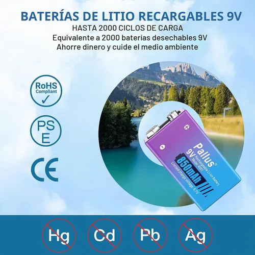 Vista 2 de Pallus Baterías recargables de 9 V con cargador, paquete de 4 baterías recargables de litio de 850 mAh de 9 voltios para alarmas de humo e