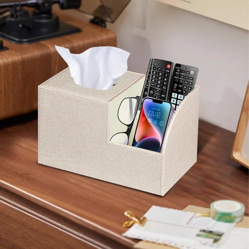 Vista 7 de Funda cuadrada de cuero PU para caja de pañuelos – Soporte multifuncional para caja de pañuelos, cubierta de caja de pañuelos con almacenamiento